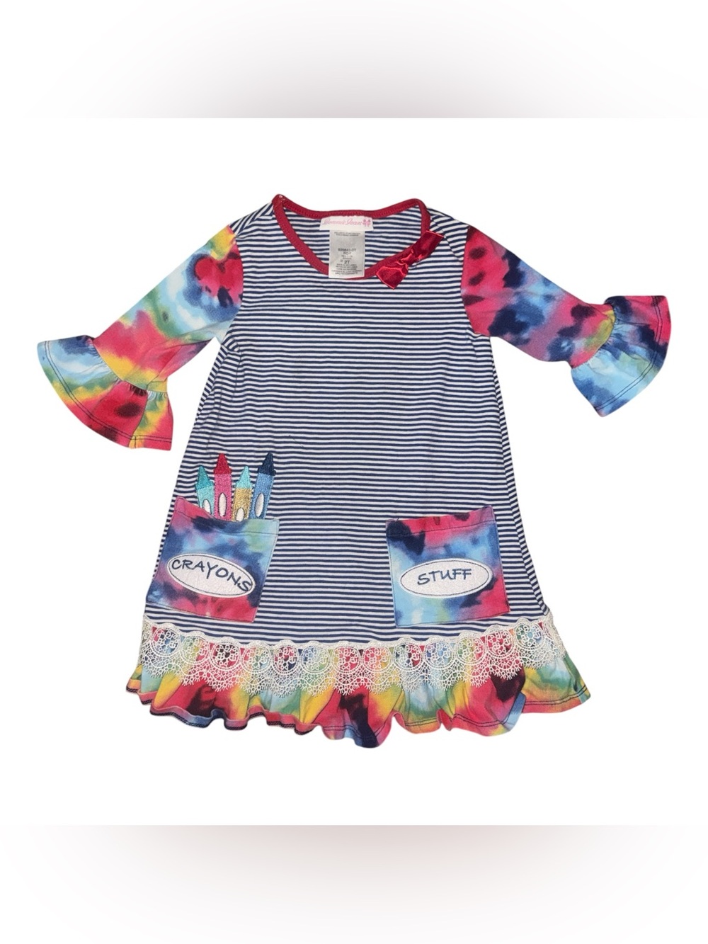 Bonnie Jean Navy Crayon Striped Dress Shirt with Rainbow Tie-Dye Accents 2T Kids